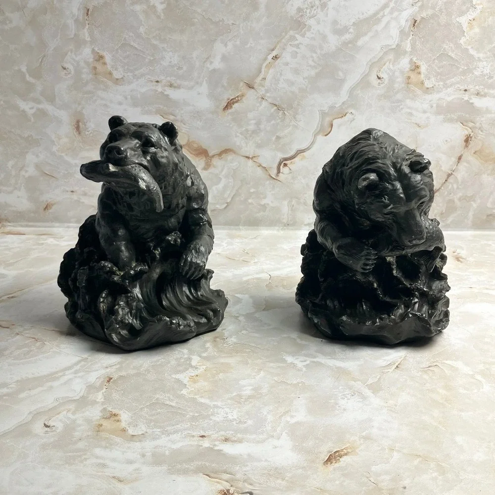 2000 Avery Creations Grizzly Bear Fishing Bookends Molded Resin Faux Bronze